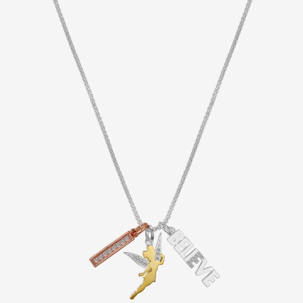 Disney Believe Charm CZ Silver 16” Cable Tinker Bell Pendant Necklace New